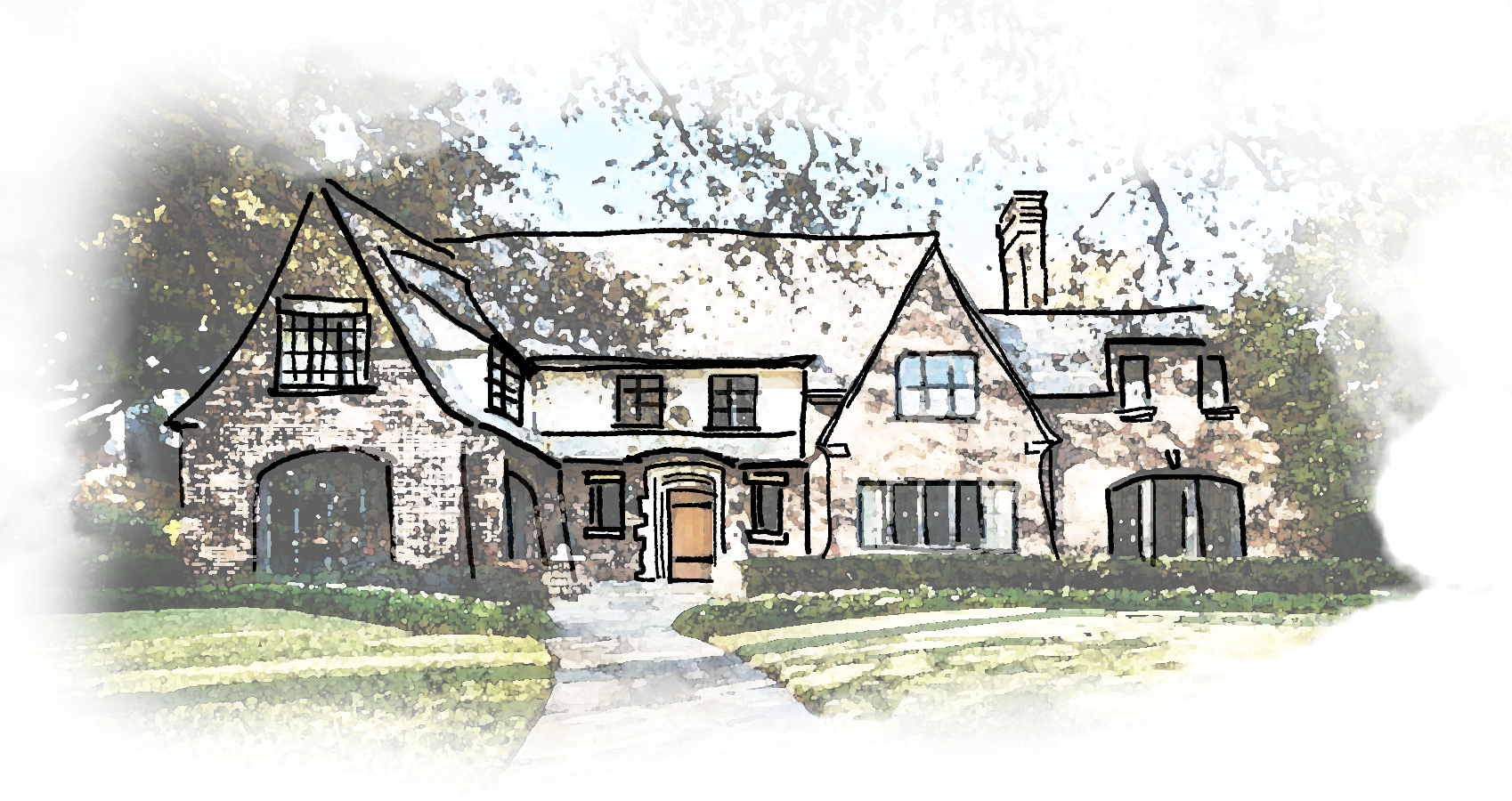 A hand-drawn rendering of a historic Highland Park home.